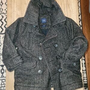 GAP Wool Toddler Hooded Herringbone Pea Coat in Charcoal Gray